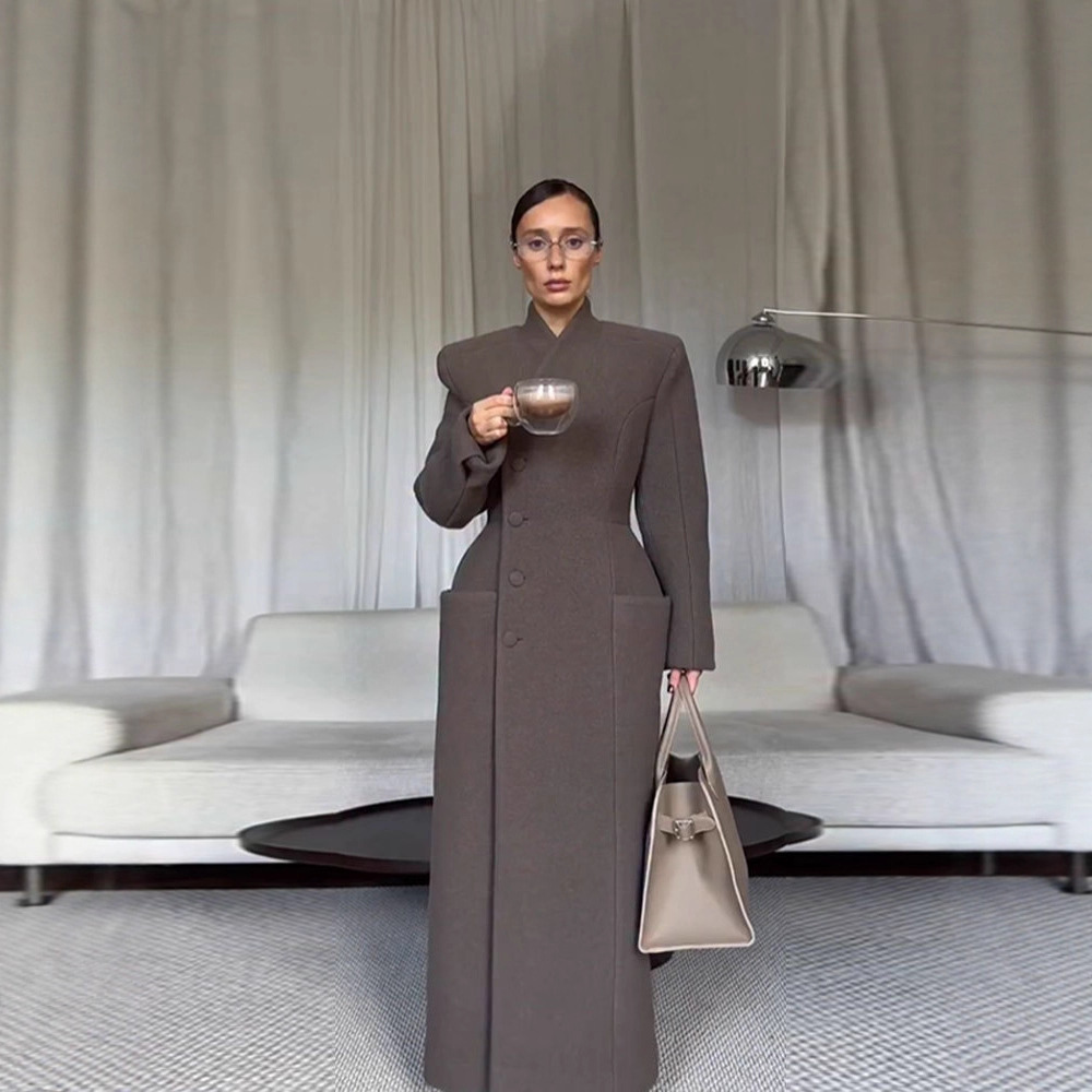 Temperament Shoulder-padded Waist-cinching Long Wool Coat For Women Livraison entre 15 et 21 Jours Livraison gratuite – Image 3