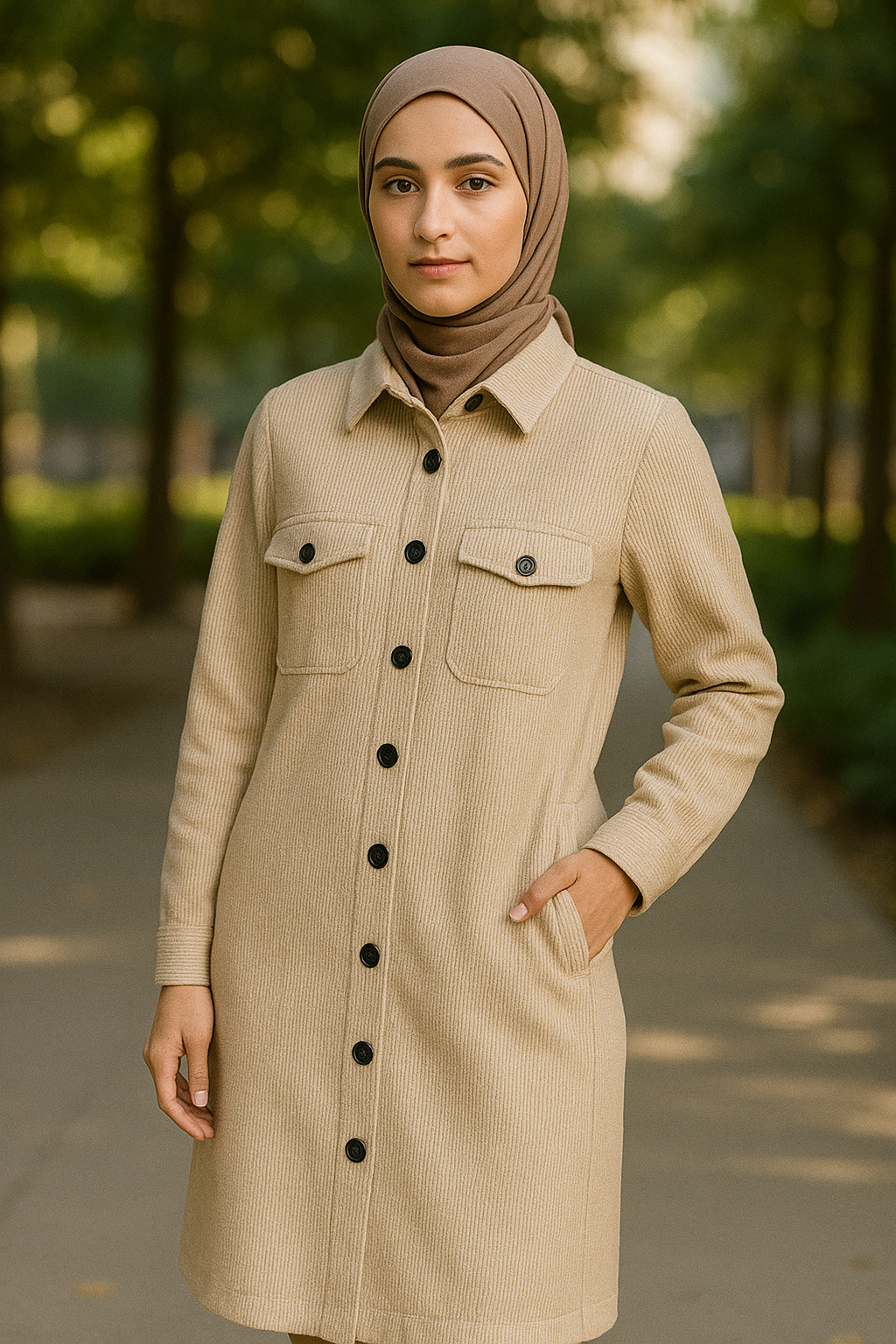 Robe-Chemise Rayhana – Tissu Côtelé Beige Premium avec Boutons Noirs ÙØ³ØªØ§Ù† Ø±ÙŠØØ§Ù†Ø© -قميص بلون بيج مع أزرار سوداء ( ðŸŽLivraison gratuite) – Image 5