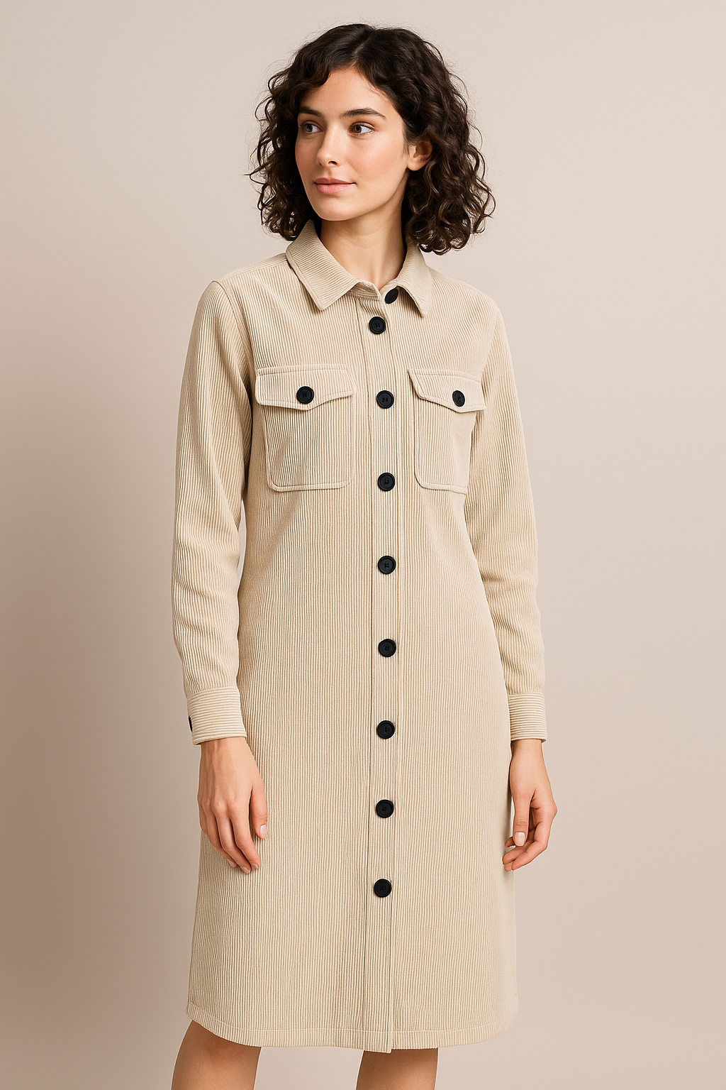 Robe-Chemise Rayhana – Tissu Côtelé Beige Premium avec Boutons Noirs ÙØ³ØªØ§Ù† Ø±ÙŠØØ§Ù†Ø© -قميص بلون بيج مع أزرار سوداء ( ðŸŽLivraison gratuite) – Image 2