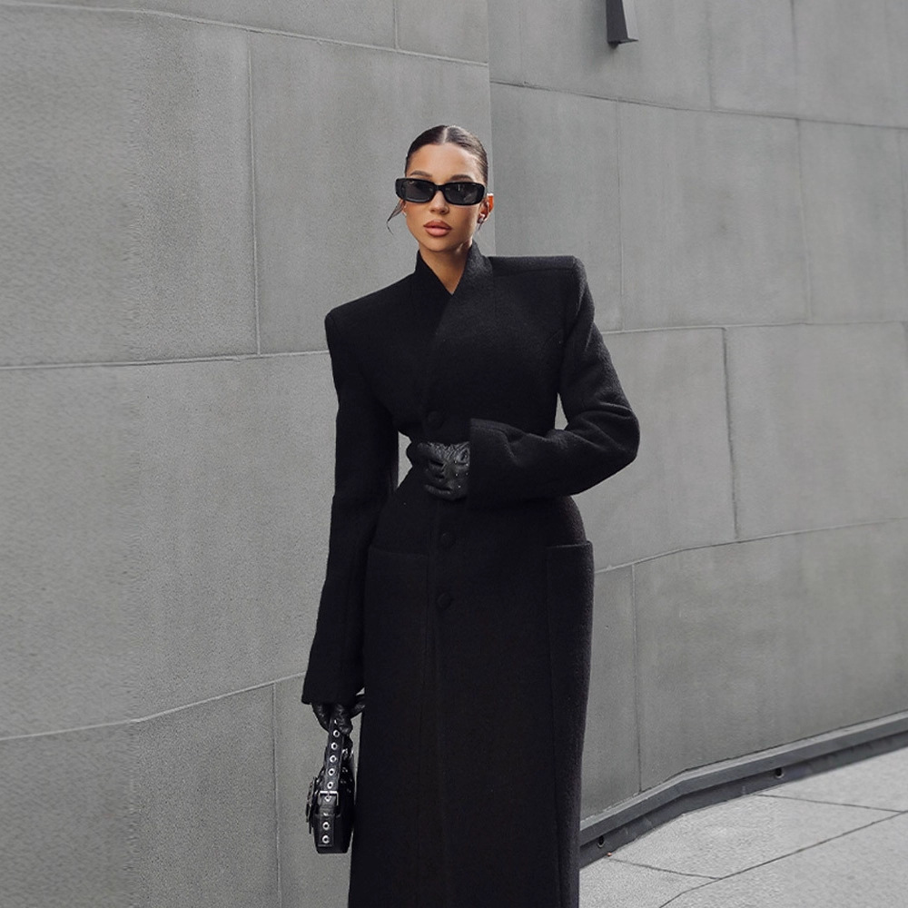Temperament Shoulder-padded Waist-cinching Long Wool Coat For Women Livraison entre 15 et 21 Jours Livraison gratuite