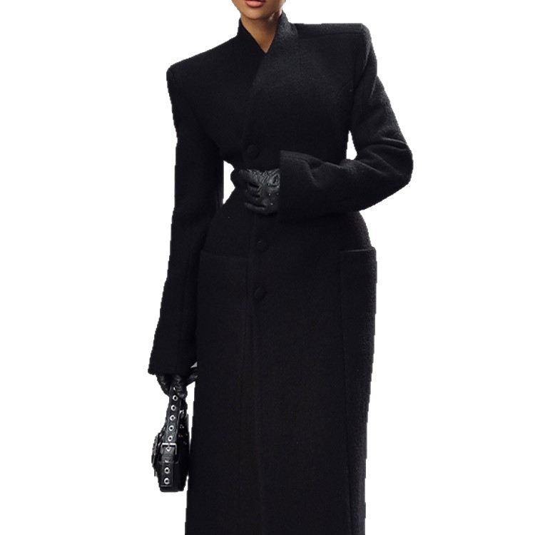 Temperament Shoulder-padded Waist-cinching Long Wool Coat For Women Livraison entre 15 et 21 Jours Livraison gratuite – Image 4