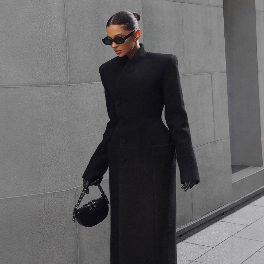 Temperament Shoulder-padded Waist-cinching Long Wool Coat For Women Livraison entre 15 et 21 Jours Livraison gratuite – Image 5